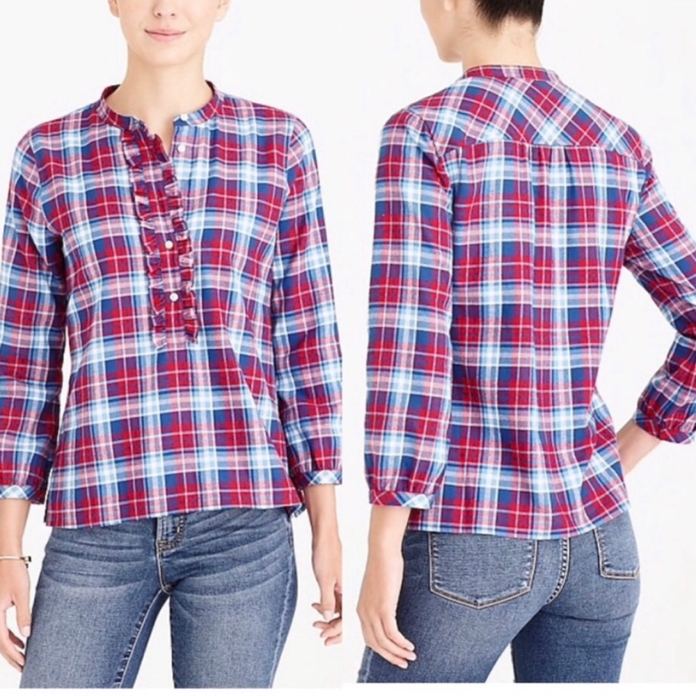 J. Crew Mercantile Popover Flannel Ruffle Front Top S